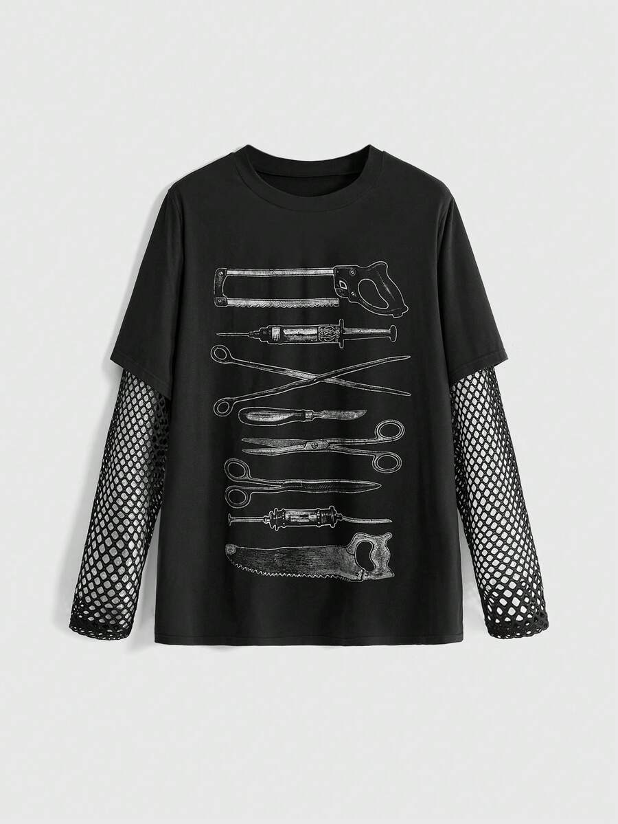 ROMWE Grunge Punk 暗黑龐克大尺碼女款 T-shirt 網格拼接武器印花寬鬆長袖上衣 街頭音樂節休閒穿搭 - 黑色 - 查看 1