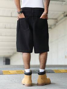 Manfinity Roghcode 男士街頭風休閒多扣環腰帶黑色大尺碼牛仔短褲 - 黑色 - 查看 2