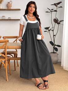 Enliva Plus Size Casual Loose Strap Dress - Dark Grey - View 6