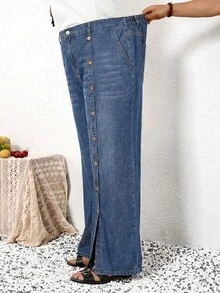 EMERY ROSE EMERY ROSE Plus Size Casual Washed Front Button Denim Jeans - Dark Wash - View 8