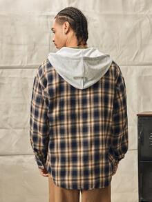 Norleigh Men's Casual Loose Fit Checkered Hooded Shacket With Chest Pocket, Adjustable Drawstring, Versatile For Spring Autumn - Navy Blue - View 2