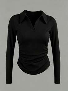 INAWLY Women's Solid Color Collared Long Sleeve Pleated Casual T-Shirt - Black - View 4