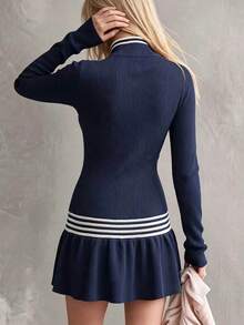 SHEIN Women's Striped Long Sleeve Ruffle Hem Zipper Half-Placket Knit Dress - Navy Blue - View 2