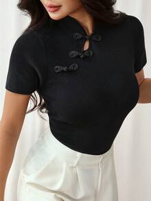 SHEIN PETITE Chinese Style Elegant Fashion Knitted Women's Top, Frog Button Decor, Versatile Black Summer Style - Black - View 7