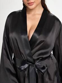 Slumbrini Plus Size Women's Eyelash Lace Patchwork Satin Robe & Nightgown 3-Piece Set - Black - View 12
