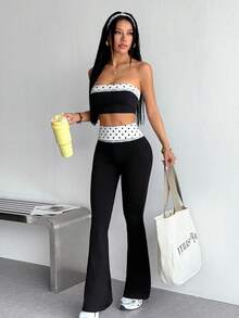 Dewbera Dewbera 2026 Spring/Summer New Women's Slim Fit Sports Outdoor Set, Color-Block Polka Dot Lace Trim Sweet Yoga Workout Outfit - Black and White - View 5