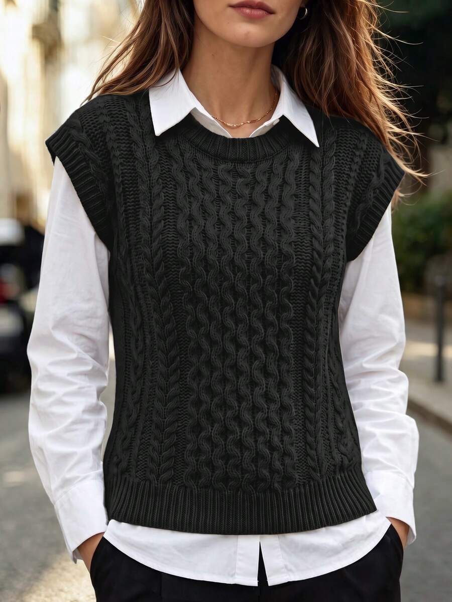Balvessa Women's Cable Knitted Sleeveless Sweater Vest - Black - View 1