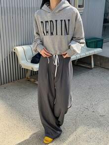 DAZY Women's Striped Wide Leg Loose Casual Pants With Waist Tie Fall - Grey - View 5