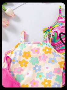 SHEIN 3 件套女童迷彩、心形印花、花卉印花和纯色花卉印花连体裤套装 - 彩色 - 查看 6