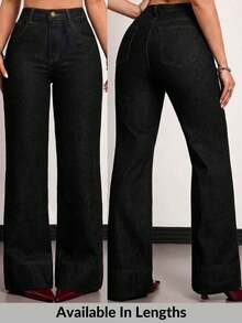 SHEIN Tall CURVE 大尺碼女款高腰直筒寬鬆休閒百搭牛仔褲，附口袋，牛仔女裝，適合秋季度假與演唱會穿搭 - 黑色 - 查看 2