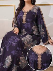 Al Najma 大尺碼女款花卉印花刺繡阿拉伯傳統長洋裝，適合晚宴穿著 - 彩色 - 查看 1