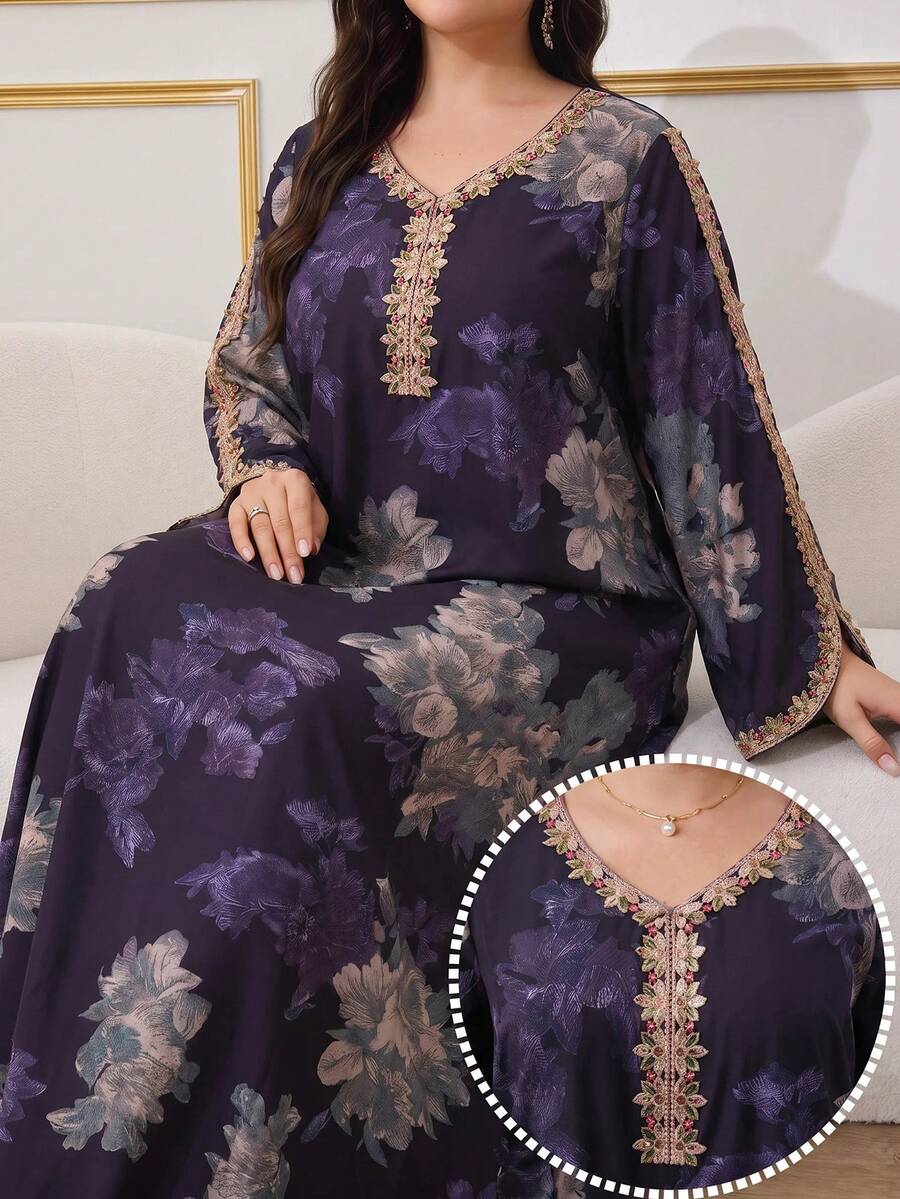 Al Najma 大尺碼女款花卉印花刺繡阿拉伯傳統長洋裝,適合晚宴穿著 - 彩色 - 查看 1