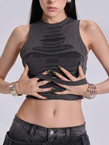 ACID BLVD Summer Spring Autumn Punk Street Y2K Distressed Letter Cutout Contrast Color Tank Top - Black - View 11
