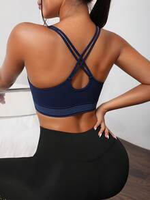 SHEIN Women's Striped Pleated Criss-Cross Back Sports Bra - Navy Blue - View 2
