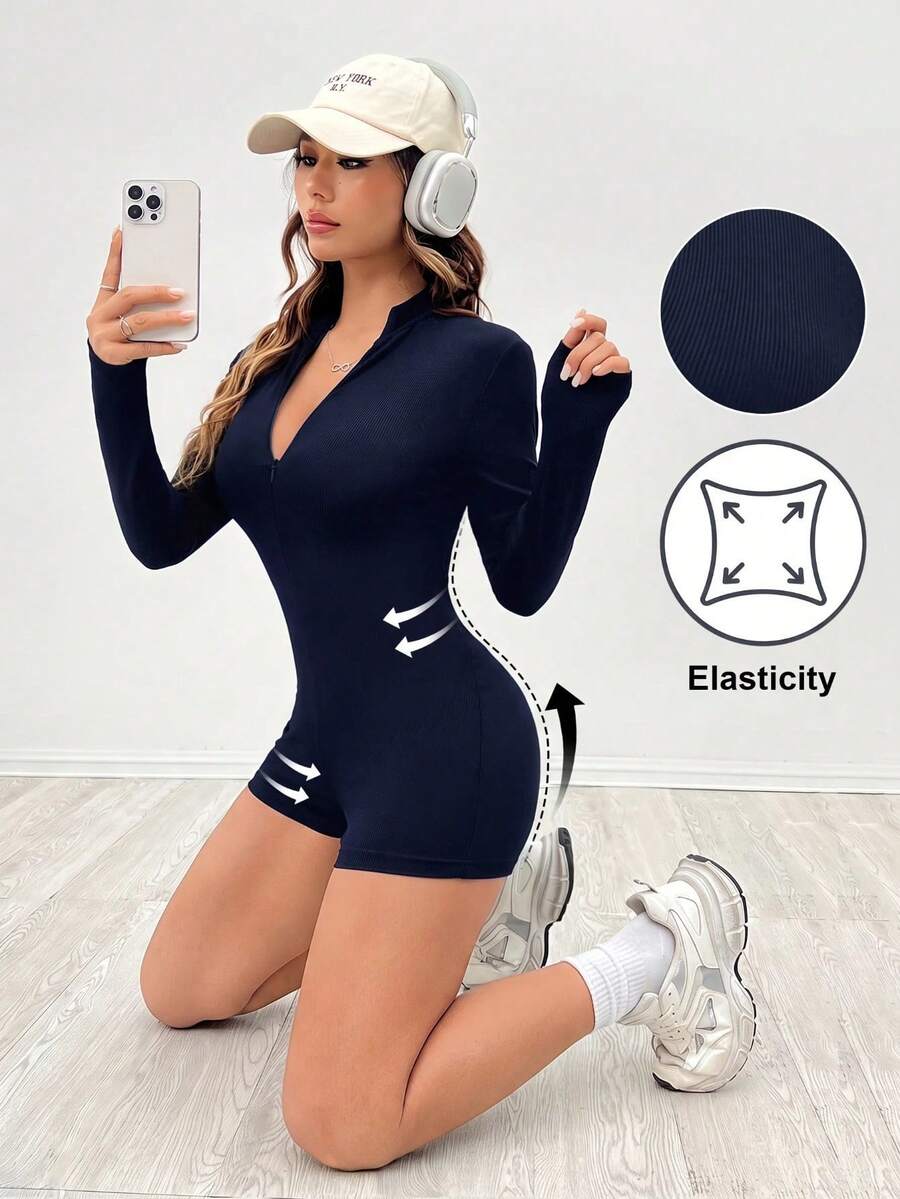 SHEIN PETITE 休閒黑色羅紋長袖前開襟拉鍊連身衣 - 藏蓝色 - 查看 1