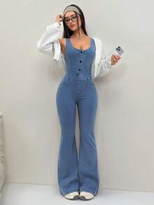 Flexra Women's Sexy Street Style Button Waist Denim Jumpsuit With Flared Legs - Blue - View 5