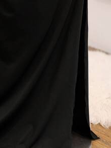 Teen Girl Solid Color Asymmetric Neck Long Sleeve Contrast Lace Pleated Dress - Black - View 6
