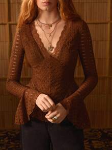 MOTF PREMIUM LACE PATCHWORK V-NECK BELL SLEEVE ROMANTIC WOMEN'S TOP - Coffee Brown - View 1
