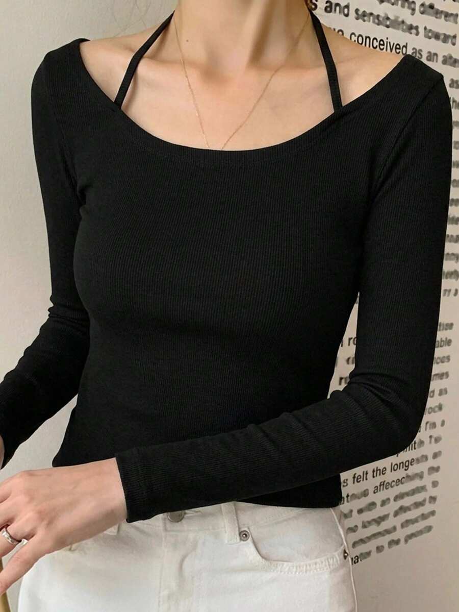 DAZY 女款優雅修身長袖圓領T恤,灰色,春/夏 - 黑色 - 查看 1