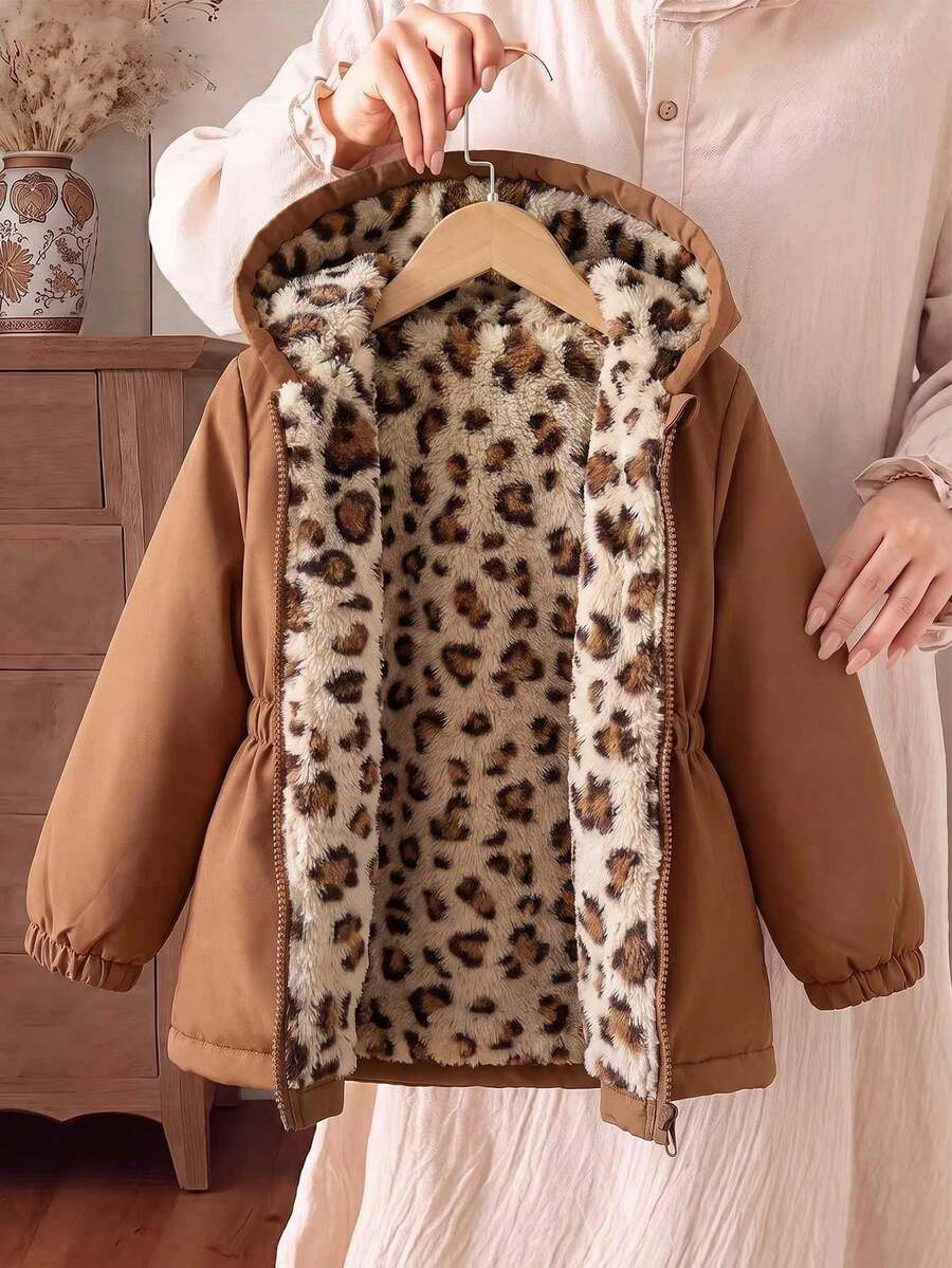 SHEIN Elladie kids 1件女童冬季粉色花卉保暖內裡拉鍊連帽外套,彈性腰頭,加厚保暖休閒西式通勤百搭簡約時尚夾克 - 棕色 - 查看 1