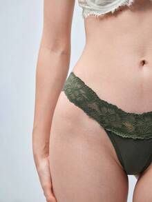 Softvol 1pc Women's Contrast Lace Seamless Panty - Army Green - View 6