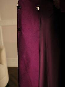 MOTF PREMIUM WOMEN'S ELEGANT CONTRAST FAUX PEARLS TAPE TRIM OVERCOAT, AUTUMN/WINTER - Purple - View 8
