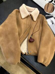 GlowEve Vintage Fashion Comfortable Suede Fleece Jacket Fur One-Piece Short Commute Versatile Outdoor French Street Style Women's Jacket - Khaki - View 4