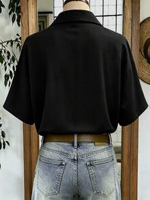 Linhara Plus-Size Women's Spring/Summer Casual Soft Form Wear: Simple, Versatile, And Retro Style. Solid Black Colla Top With Batwing Sleeves Blouse Office - Black - View 2