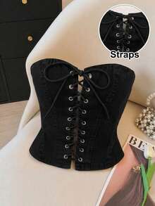 SHEIN MOD 女款細肩帶設計休閒百搭日常穿搭抹胸牛仔上衣 - 黑色 - 查看 1
