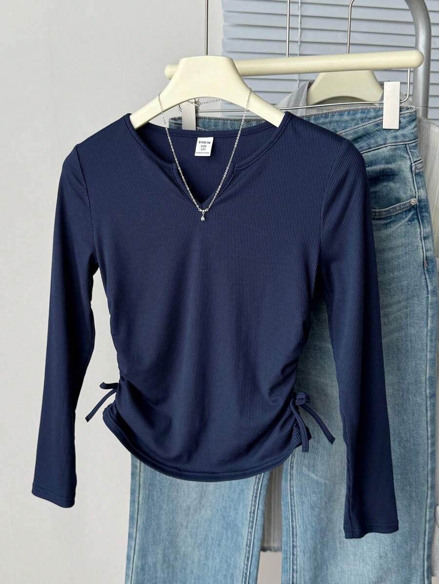 SHEIN Kaos Anak Perempuan Remaja Musim Gugur Lengan Panjang dengan Detail Kerut dan Ikatan di Depan, Pakaian Kasual Sehari-hari - Navy Blue - View 1