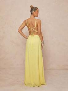 Lumalex Women's Pale Yellow Elegant Romantic Summer Maxi Dress,Spaghetti Strap Sweetheart Neck Cut-Out Ring Detail Ruffle Backless A-Line Holiday Gown - Multicolor - View 3
