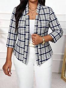 SHEIN Lady Plus Size Women's Houndstooth Open Front Elegant 3/4 Sleeve Blazer - Multicolor - View 1