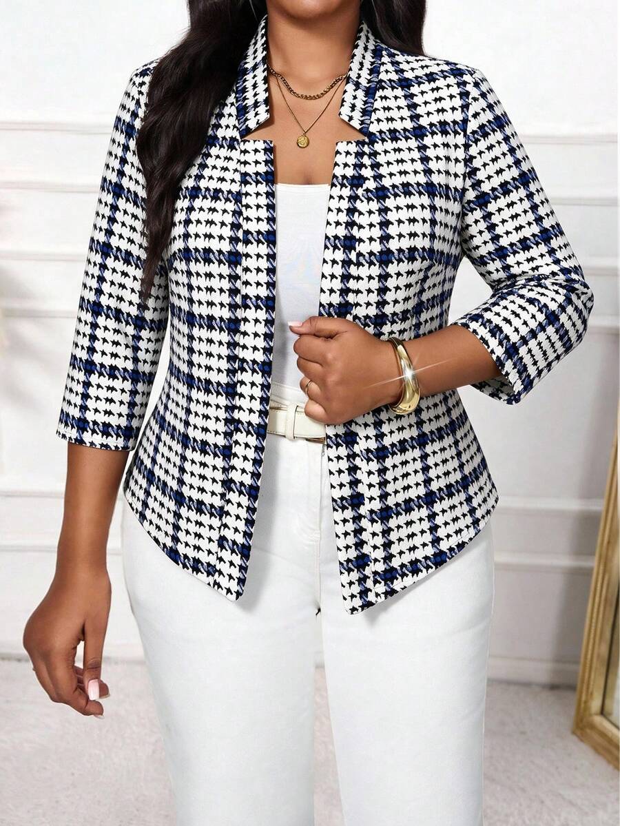 SHEIN Lady Plus Size Women's Houndstooth Open Front Elegant 3/4 Sleeve Blazer - Multicolor - View 1