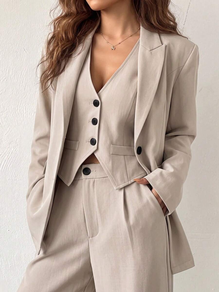 SHEIN EZwear 3pcs/Set Solid Grey Suit Jacket, Vest And Pants In Fall/Winter - Apricot - View 1