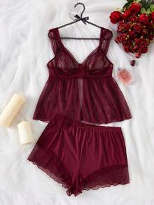 ZzzCrew Plus Size Women's Mesh Underwire Thin Cup Sheer Sexy Lingerie Set - Burgundy - View 1