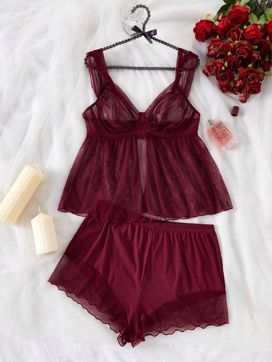 ZzzCrew Plus Size Women's Mesh Underwire Thin Cup Sheer Sexy Lingerie Set - Burgundy - View 1