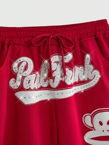 Paul Frank X ROMWE Casual Embroidered Rhinestone Plus Size Wide Leg Sweatpants - Pink - View 3