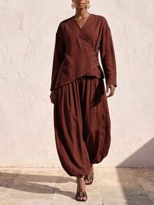 Zivah Elegant Chinese Style Long Sleeve Top With Frog Button Design + Lantern Pants 2 Pieces Set - Brown - View 5
