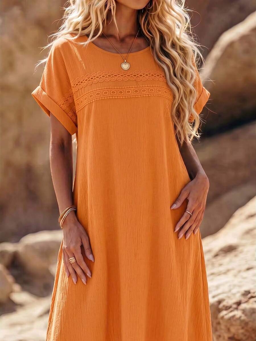 SHEIN LUNE CURVE 大码女式纯色蕾丝镂空无袖连衣裙 - 橘色 - 查看 1