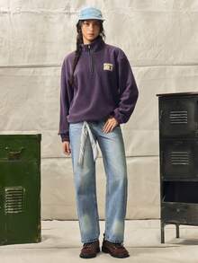 Norleigh Men Quarter Zipper Front Patched Flannelette Loose Sweatshirt, For Fall Winter, Long Sleeve Top - Violet Purple - View 7