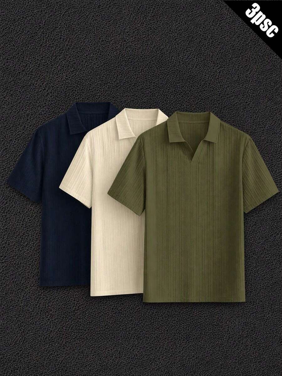 Manfinity VCAY 3件組男士極簡絲滑短袖 Polo 衫,夏季休閒度假純色上衣,橄欖綠、米色、海軍藍,父親節禮物,足球風 - 灰石墨色 - 查看 1