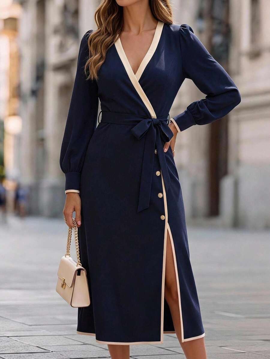 Velvienne Gaun Longgar Leher V Warna Biru Tua Elegan Ukuran Plus untuk Wanita, Cocok untuk Musim Gugur - Biru - View 1
