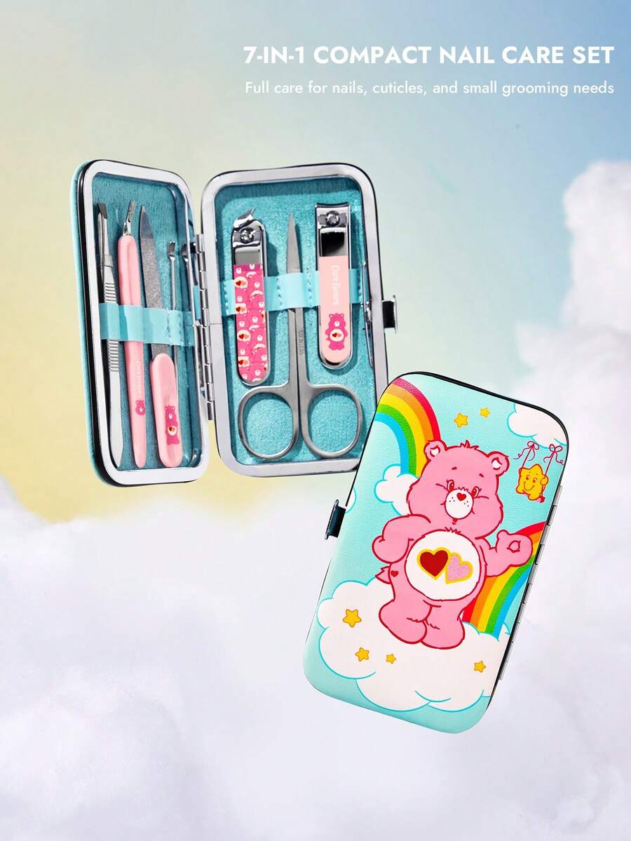SHEIN X Care Bears 卡通熊與彩虹印花美甲套組,7件式指甲護理工具組,含指甲剪、剪刀與指甲锉,便攜式足部修整工具組,適合旅行使用 - 彩色 - 查看 1