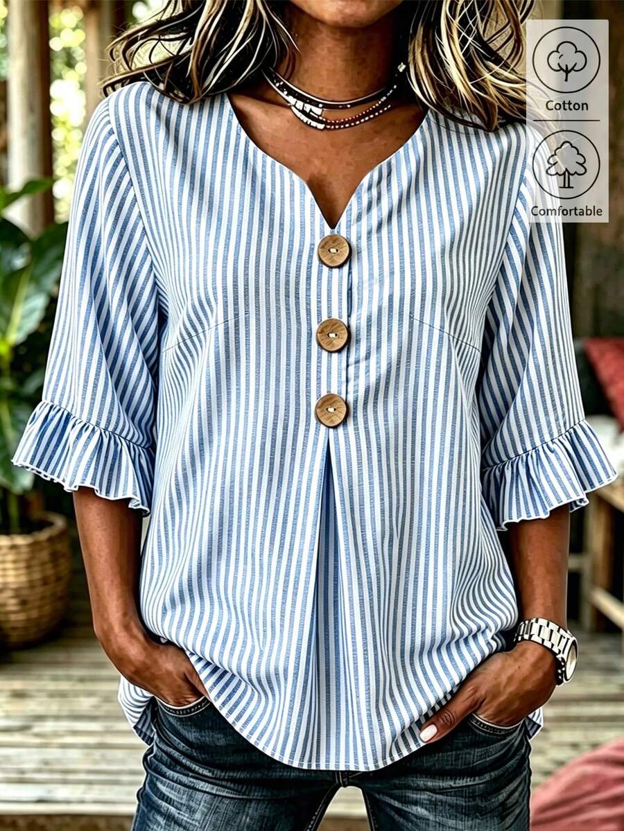 Breezaya New Women's Casual Loose Slimming Ruffle Trim Short Sleeve V-Neck Striped Shirt - Blue - View 1