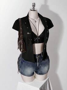SHEIN ICON 女款大尺碼雙排扣短袖外套睡衣 外出穿著 黑色 夏季鄉村風 - 黑色 - 查看 14
