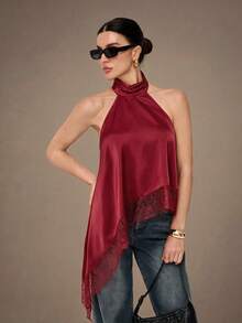 SHEIN Tall Elegant Lace Trim Backless Camisole Top, Sexy Satin Patchwork Sleeveless Blouse For Party, Cocktail, Formal Occasions, Christmas, Business Casual - Burgundy - View 7