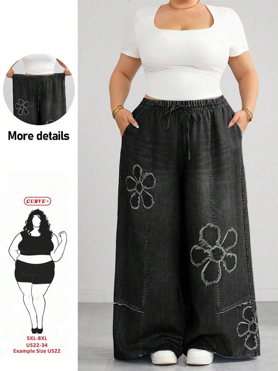 SHEIN CURVE+ 女款大尺碼休閒印花抽繩寬腿長褲 - 灰色 - 查看 1
