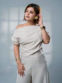 SARA VAULT 女款夏季新品簡約優雅極簡亞麻通勤寬領露肩上衣與寬腿褲套裝 早午餐米色白色 - 白色 - 查看 6