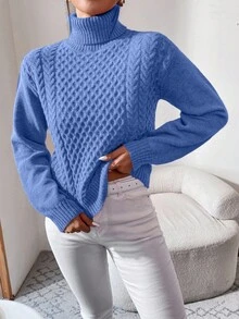EURMUSE Women's Casual Everyday Commute Solid Color High Neck Cable Knit Pullover Sweater, Autumn/Winter - Baby Blue - View 4