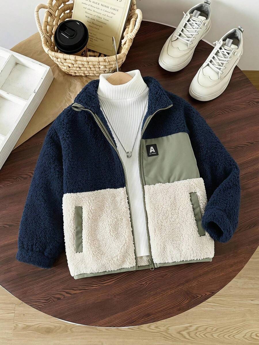 SHEIN Genkimix Kids Young Boy's Letter Graphic Colorblock Long Sleeve Loose Fit Casual Jacket, Fall Winter,Holiday,Summer,Travel